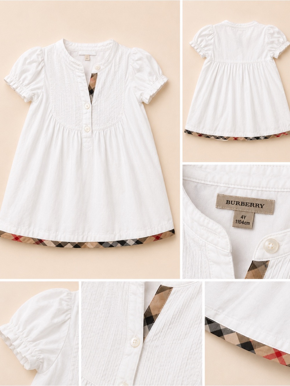 Burberry White Cotton Girls' Tunic with Classic Check Trim